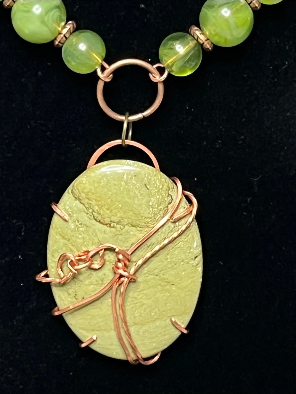 Copper Wire wrapped Serpentine cabochon Pendant Necklace Drop Earrings 18”